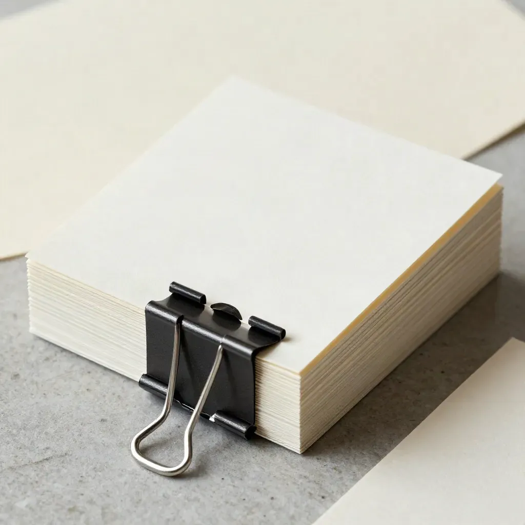 Macro of a blank planning card stack held by two matte binder clips on stone.