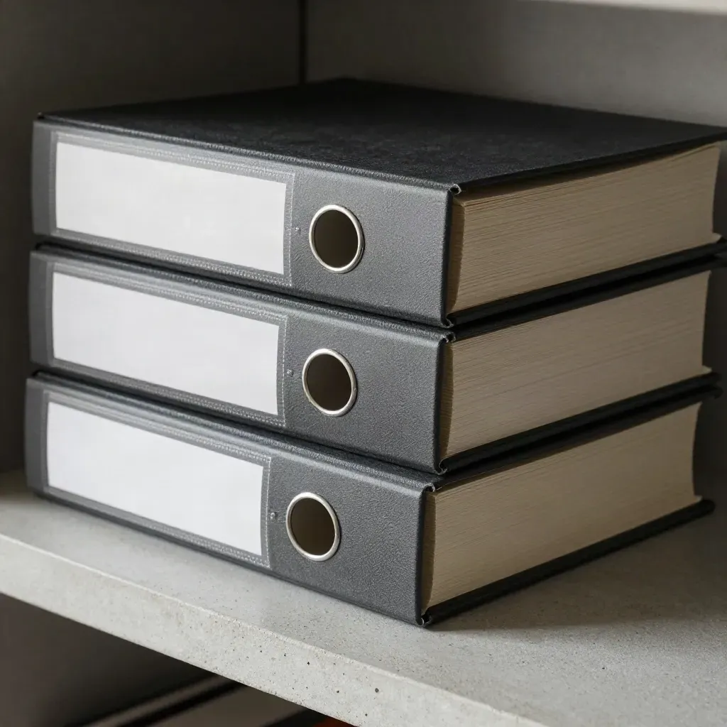 Three slate binders with steel clip bars stacked on a concrete shelf