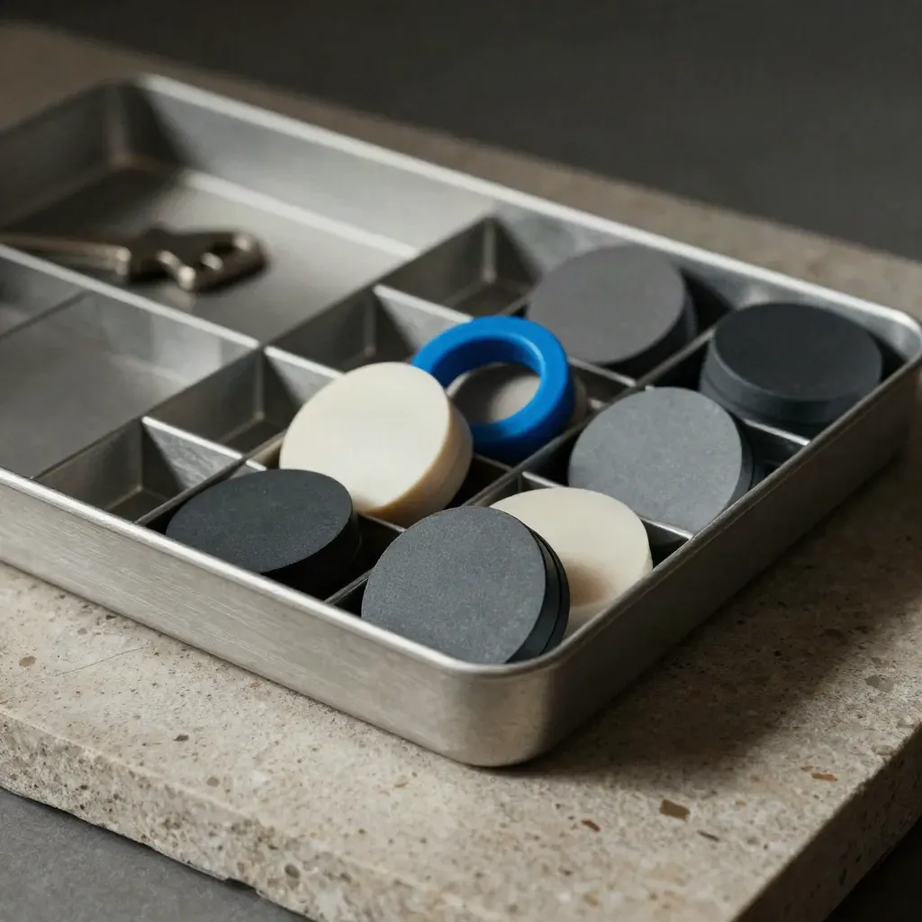 Magnetic status tokens in a shallow tray with an electric-blue ring, lit from upper left.