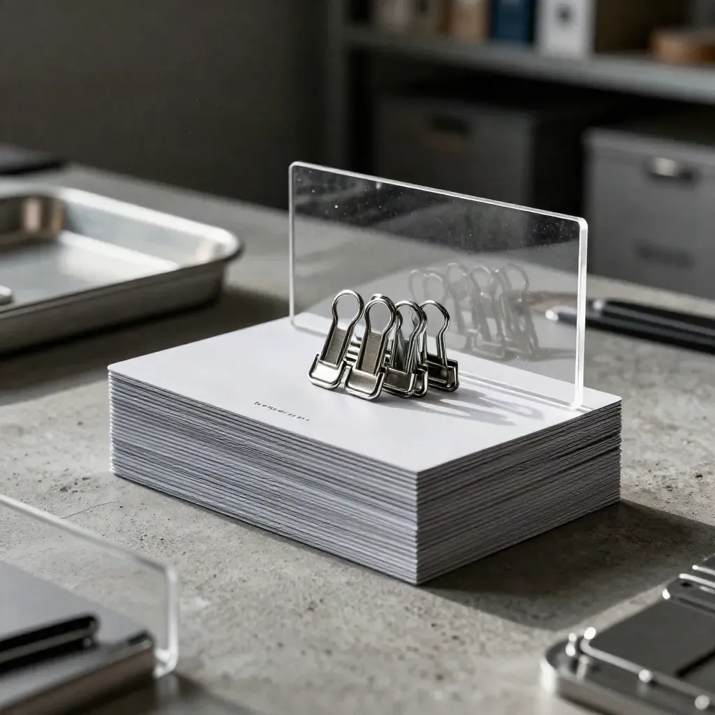 Startup launch kit with cards, acrylic divider, and metal clips shot through a blurred foreground edge.
