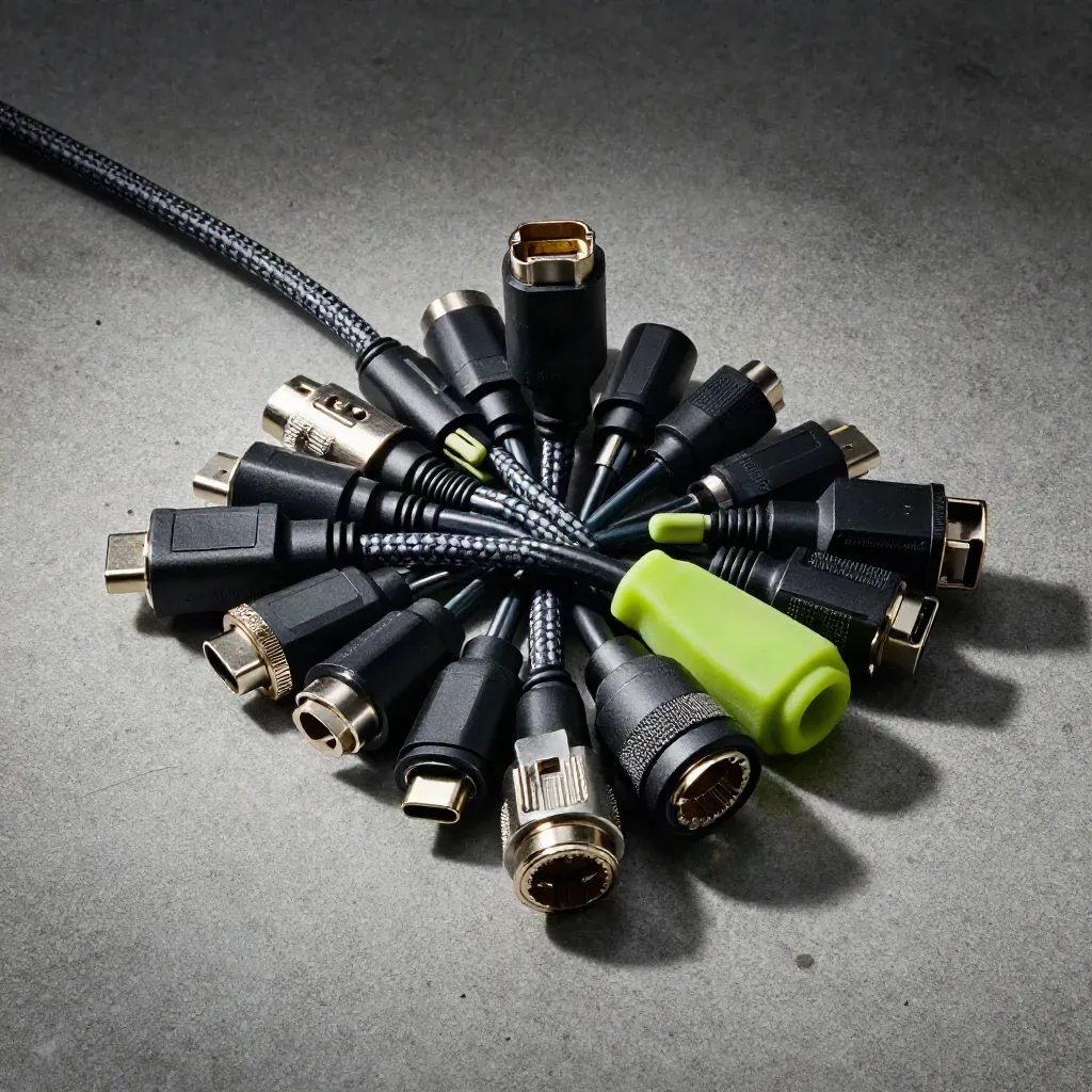 Top-down macro of cable adapters and braided loops on concrete, with a lime cable marker.