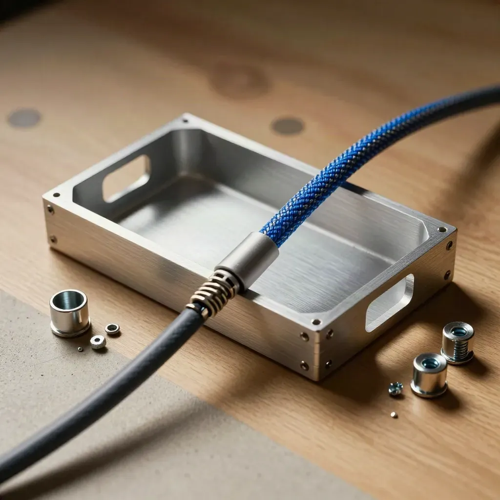 Aluminum prototype shell, braided cable, and screw bins on a lit workbench, shot through a blurred cord.