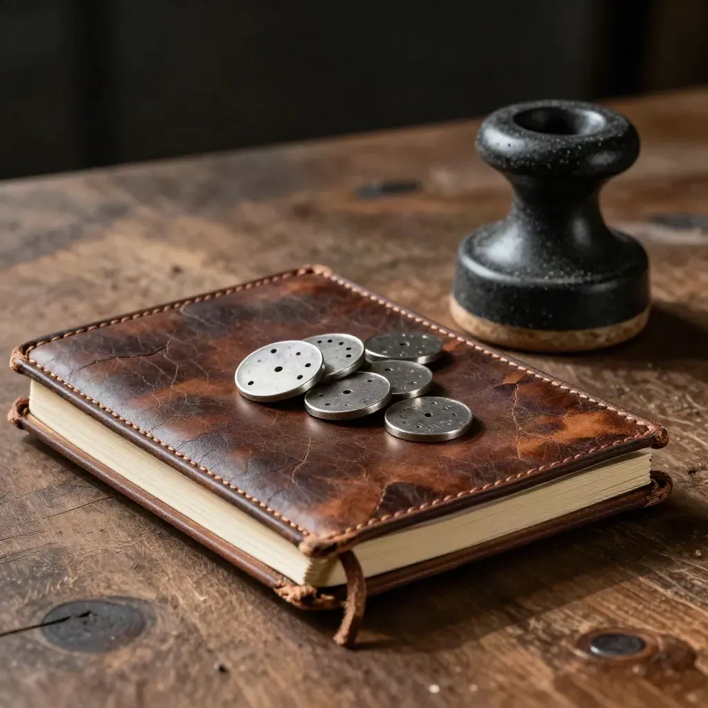 Worn notebook, metal tokens and charcoal ceramic weight on a walnut workbench.