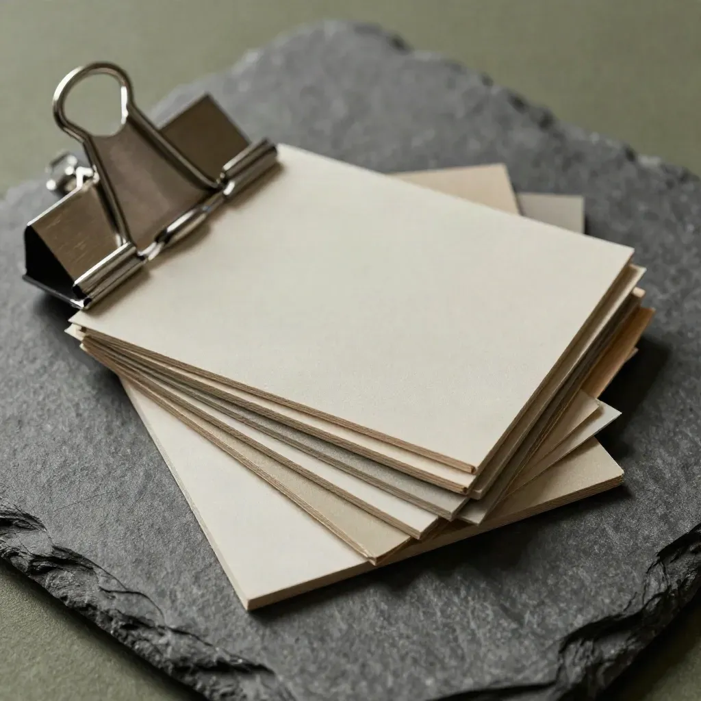 Matte paper swatches, proof sleeve, and steel clamp on slate in a tight overhead macro.