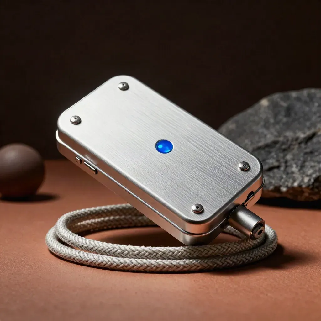 Brushed aluminum shell with magnetic markers and a braided cable in dark bokeh light.