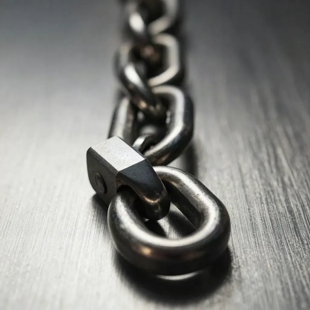 Extreme macro of linked metal rings and precision connectors on a brushed pewter surface.