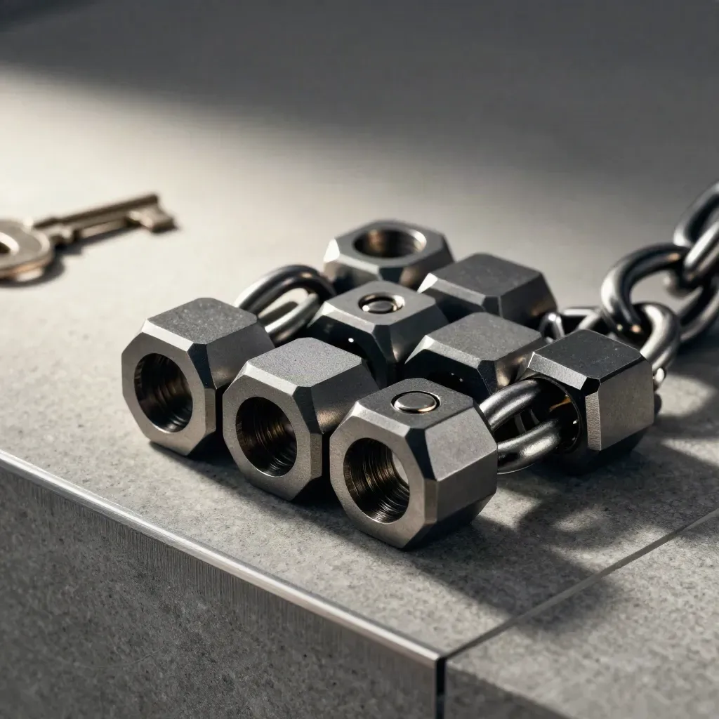 Nested hex couplers and a steel chain link on a stone block, dramatic studio light