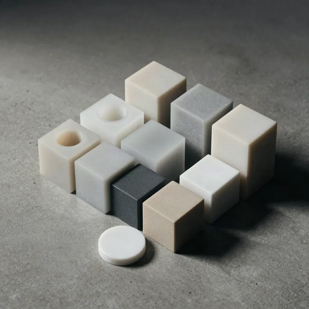 Modular blocks, frosted spacers, and ceramic pucks aligned on concrete under hard side light.