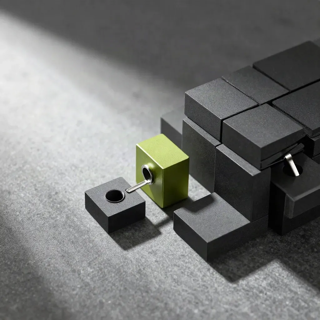 Graphite blocks, lime spacer and steel clips on brushed stone, lit from upper left.