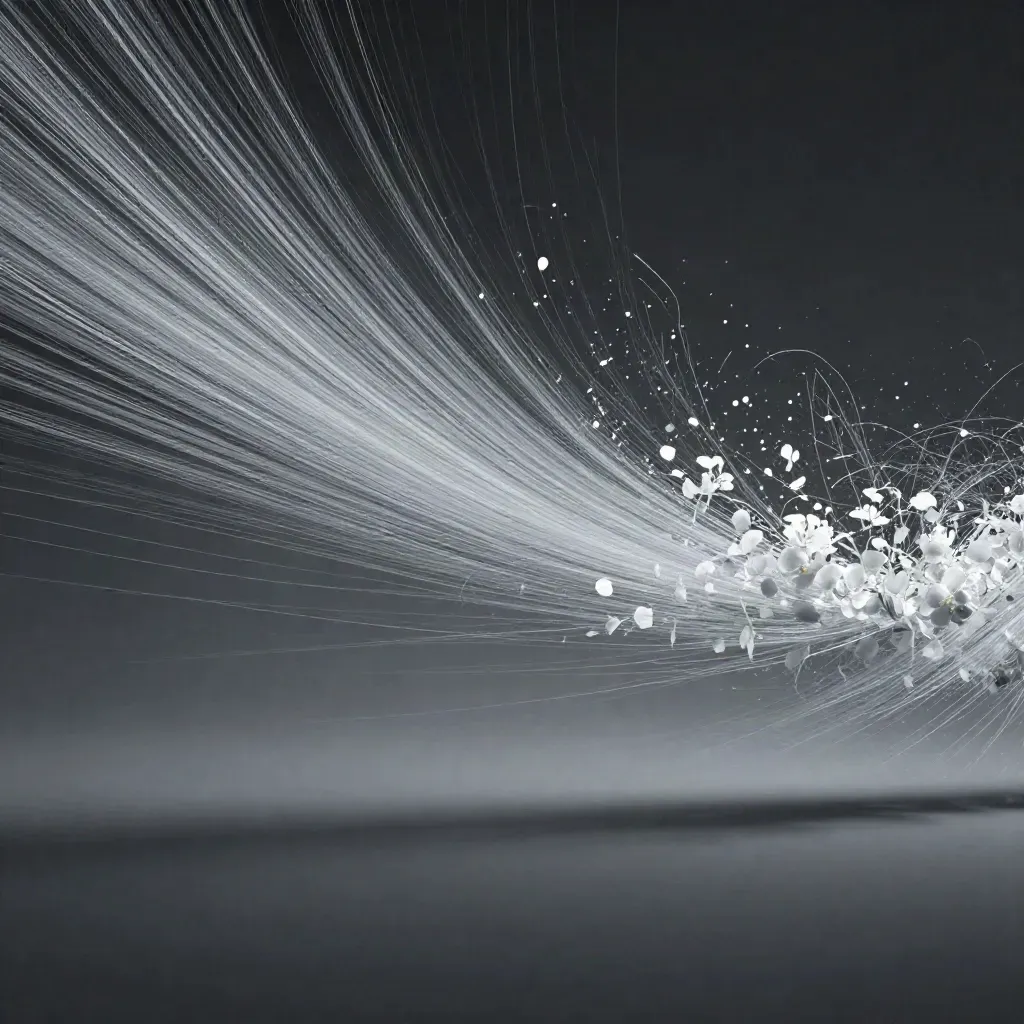 Silver light filaments converge into a white bloom over graphite haze, with open space for text.