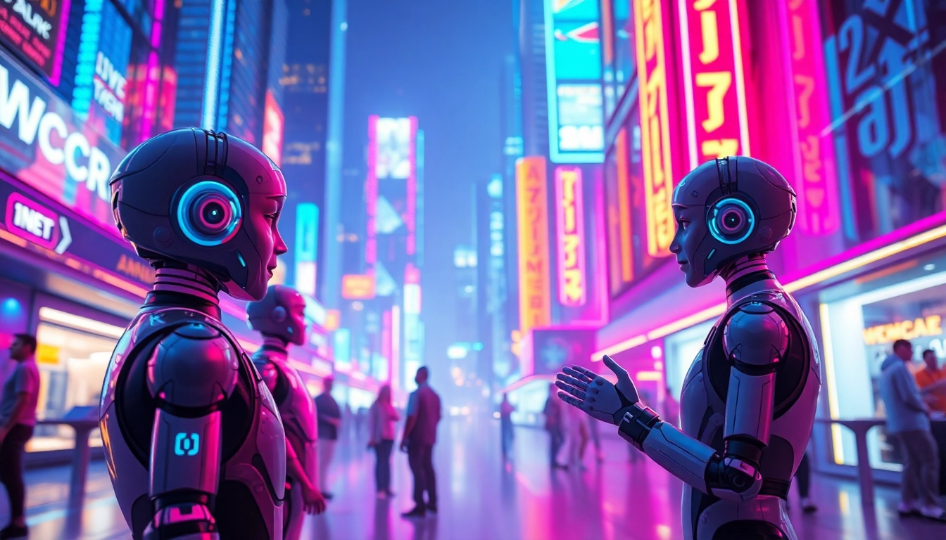 Engaging AI characters in a vibrant digital cityscape, illustrating crush on ai.