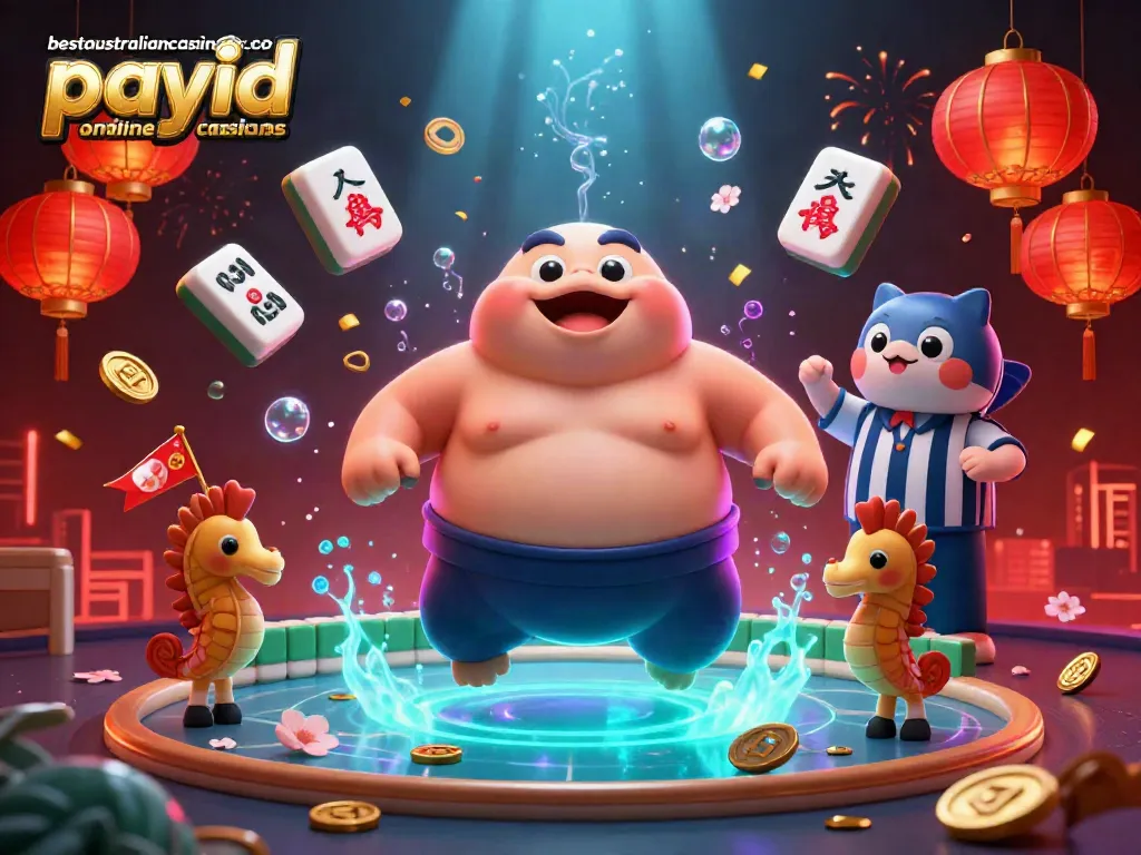 Engage with the vibrant scene at bestaustraliancasinosites.com payid online casinos featuring a playful fugu in a sumo ring.