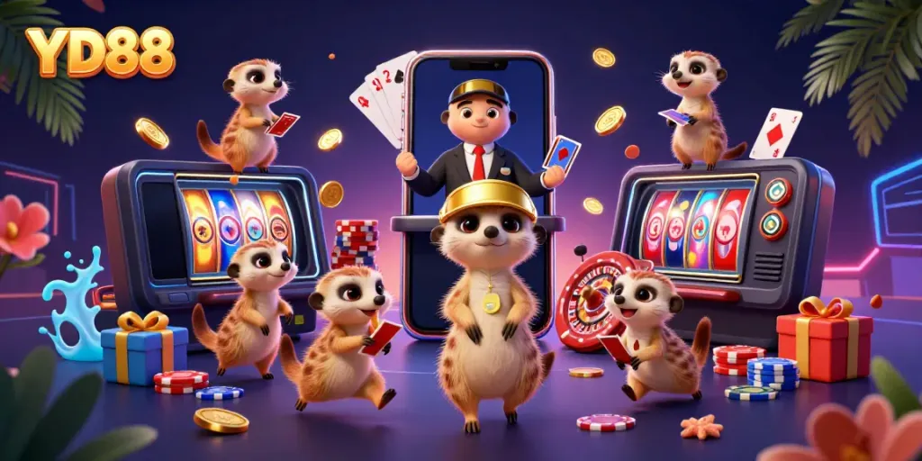 Experience the vibrant energy of YD88 with a cartoon meerkat casino scene featuring lively gaming elements.