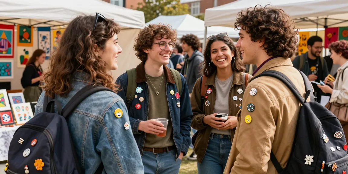 Friends showcasing stylish acrylic pins at an arts festival, emphasizing creativity and self-expression.