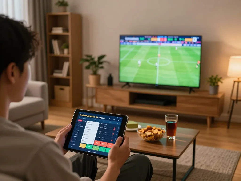 Engaged user placing bets on kèo nhà cái 5 via tablet, showcasing exciting online sports betting experience.