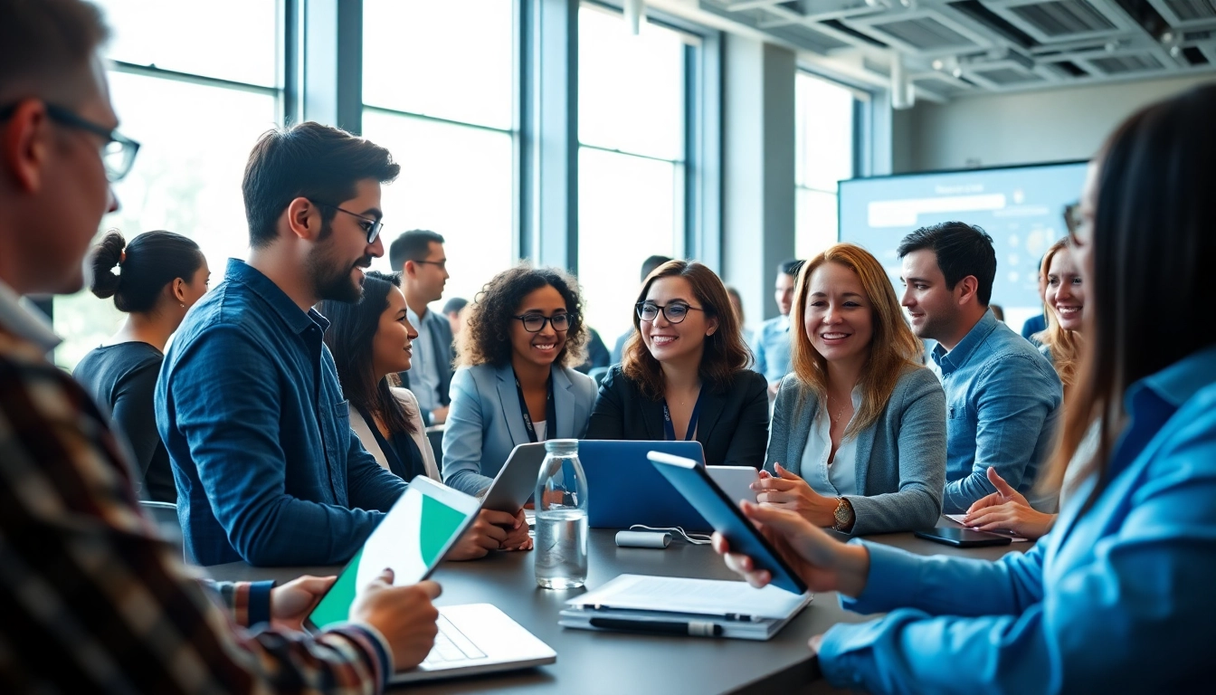 Attendees collaborating at a startup innovation conference, showcasing technology and vibrant engagement.