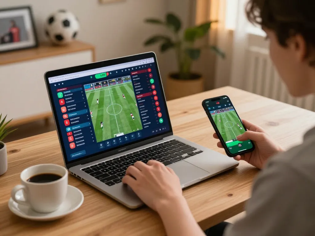Engaged bettor using ee88go for live sports betting, laptop and mobile display betting options.
