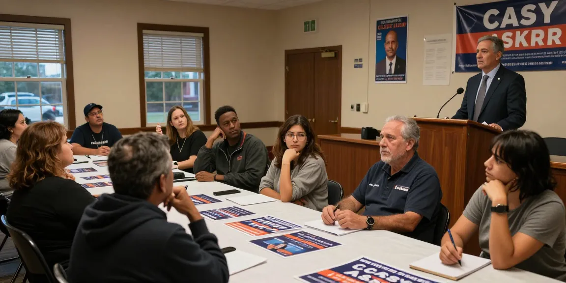 Casey Askar speaking at a town hall meeting, showcasing his controversial campaign amidst community skepticism.
