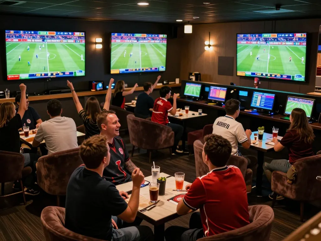 Fans engaging in live sports betting at CAKHIATV, enjoying football matches on multiple screens.