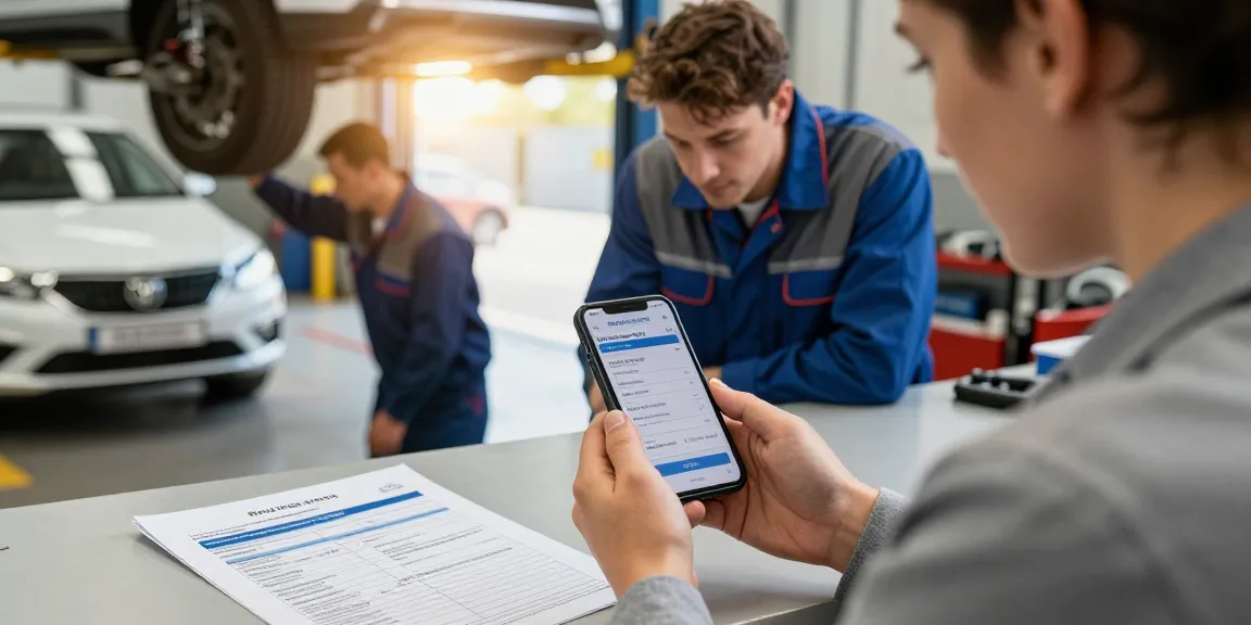 Car buyer using reg check UK on smartphone while inspecting vehicle.