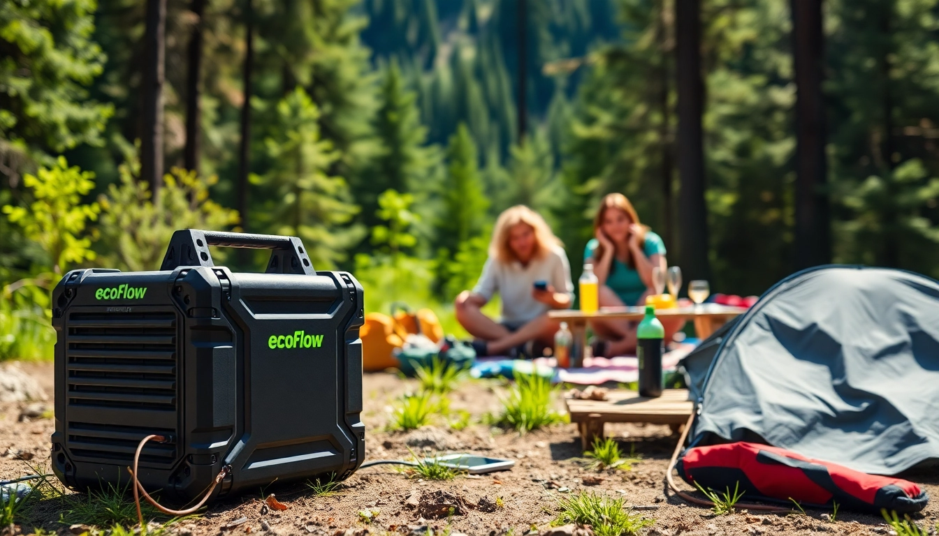 Showcasing EcoFlow power station during a camping experience in a forest.