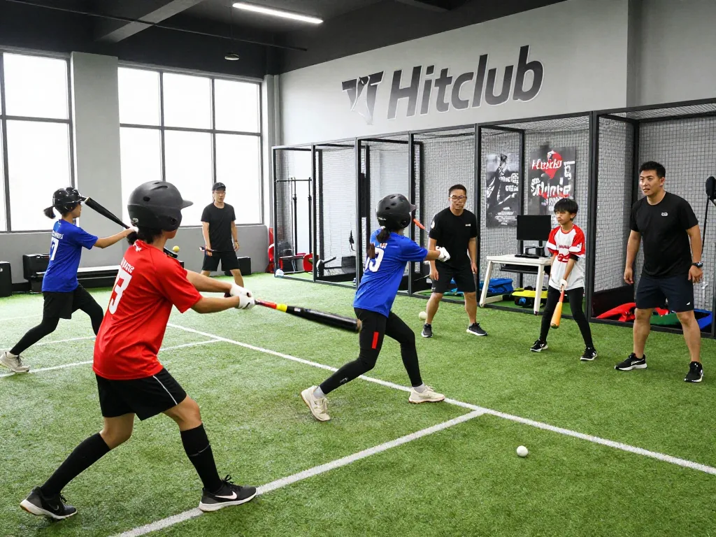 Young athletes practicing baseball at Hitclub training facility, emphasizing energy and focus.
