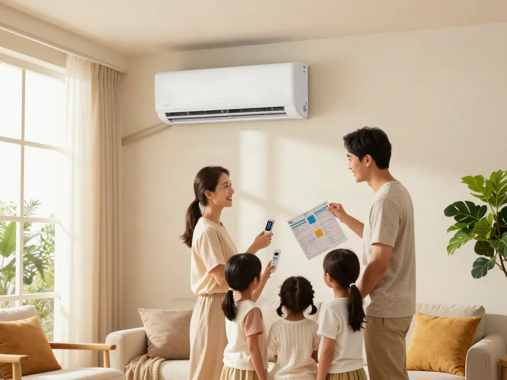 Family enjoying new 2400 btu mini split air conditioner in a cozy living room