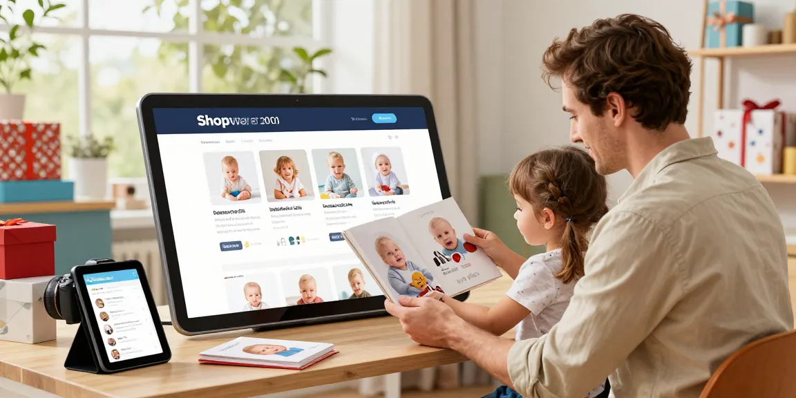 Shoplinks 4u showcases a parent shopping for unique baby gifts in a modern retail space.