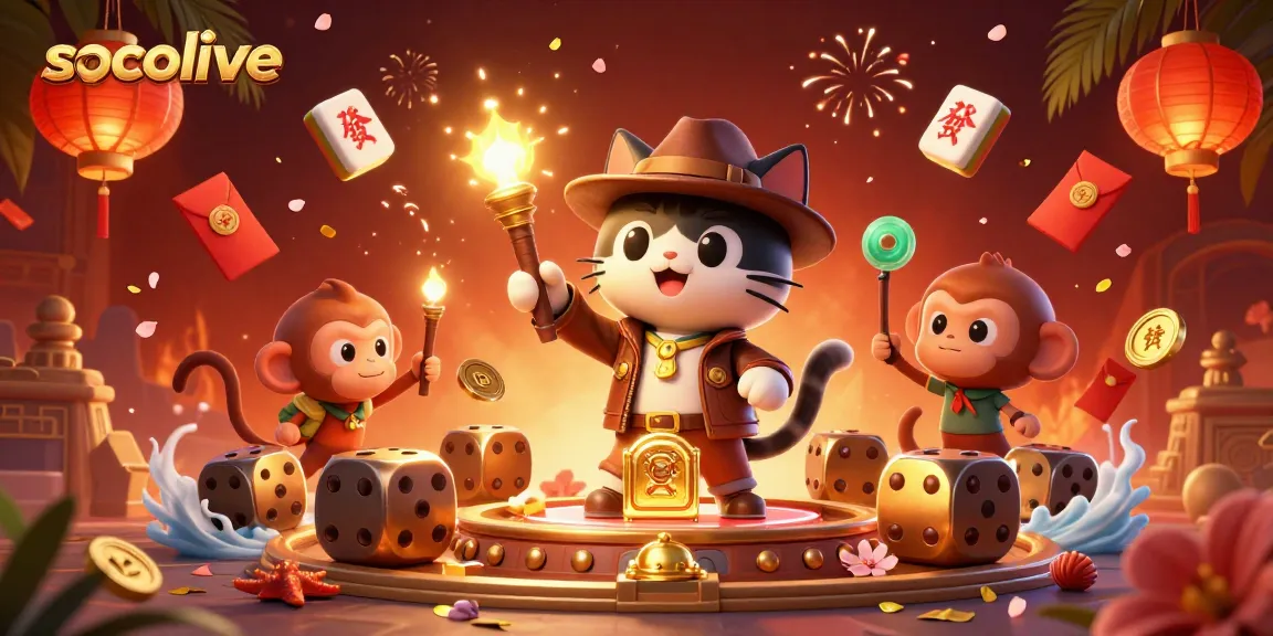Socolive: Experience thrilling gameplay with a cat archaeologist and monkey companion discovering treasure in a dynamic casino scene.