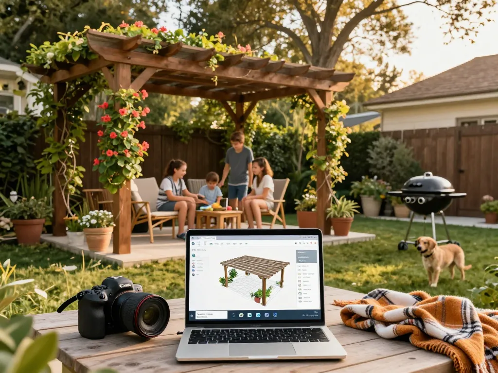 Family joyfully using a 3D pergola configurator on a laptop in their inviting backyard.