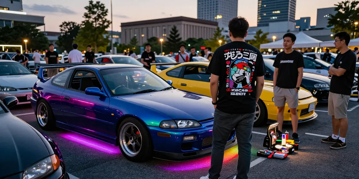 Stylish enthusiast wearing a japanese car culture shirt at a neon-lit car meet with modified vehicles.