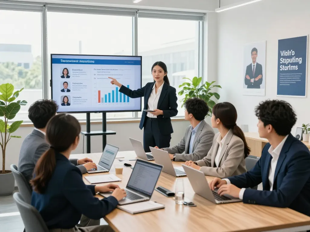 Dynamic office scene of temporary staffing agencies connecting candidates with employers, showcasing teamwork and collaboration.