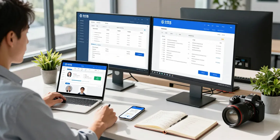 Professional managing plumbing business CRM software in modern office, focusing on service requests and data analysis.