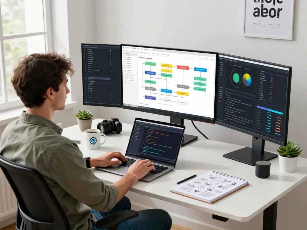Developing automation solutions at a tech workspace with make.com workflow designs.