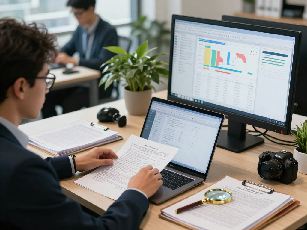 Professional analyzing document fraud detection tools with digital software in a modern office setting.