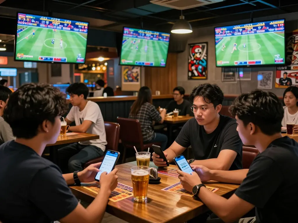 Pelanggan yang terlibat bertaruh pada Judi Bola di bar olahraga yang ramai selama pertandingan langsung.