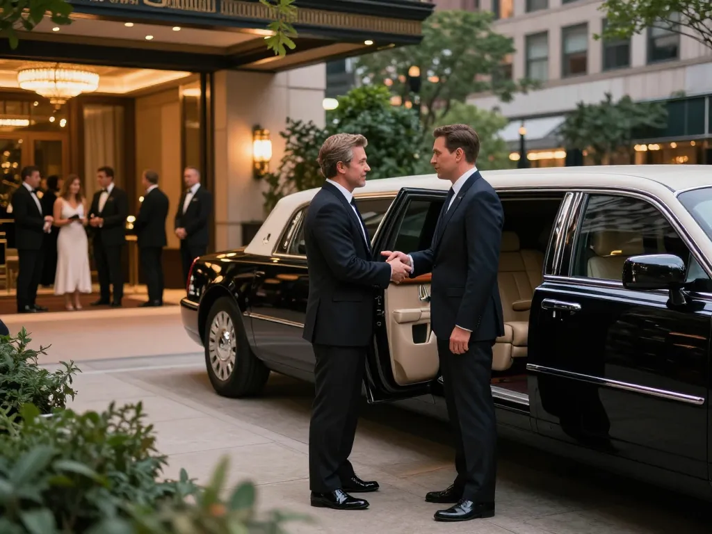 Shorewood IL limo service with professional chauffeur welcoming a client at a luxury venue.
