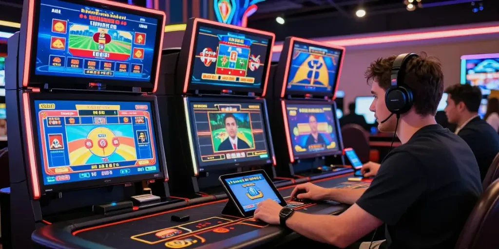 Engaged player in vibrant online casino scene for login situs m88, showcasing interactive gaming options and dynamic visuals.