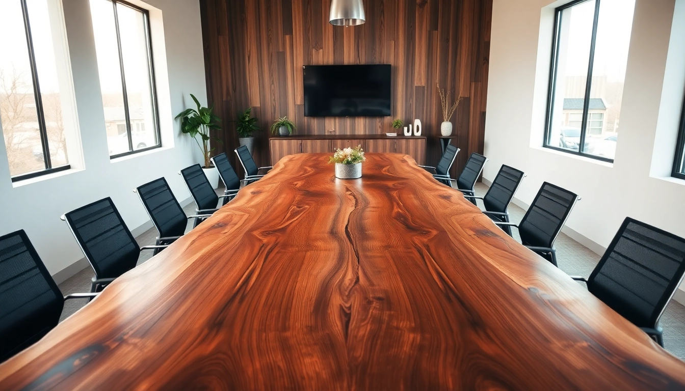 Custom conference table made of solid hardwood in a modern office setting