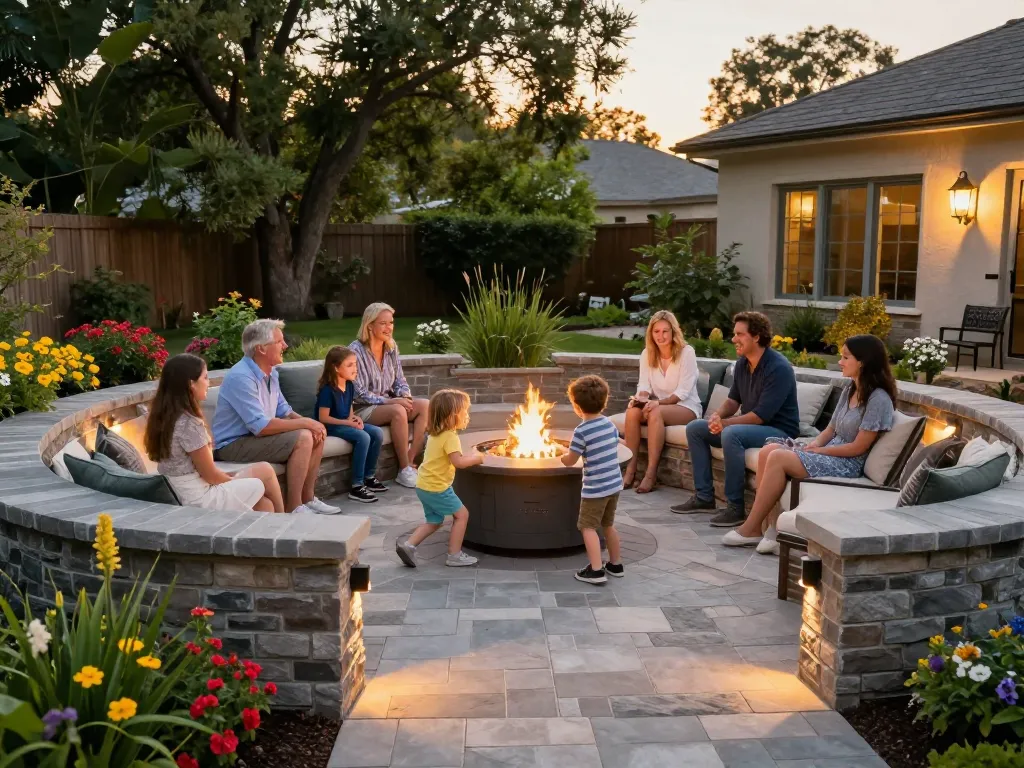 Paver installation near me shows a family enjoying an elegant patio and warm fire pit in their backyard.