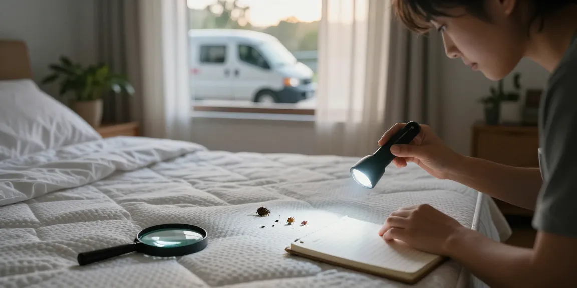 Inspecting bed for bed bug control in a cozy bedroom setting with natural light and tools.