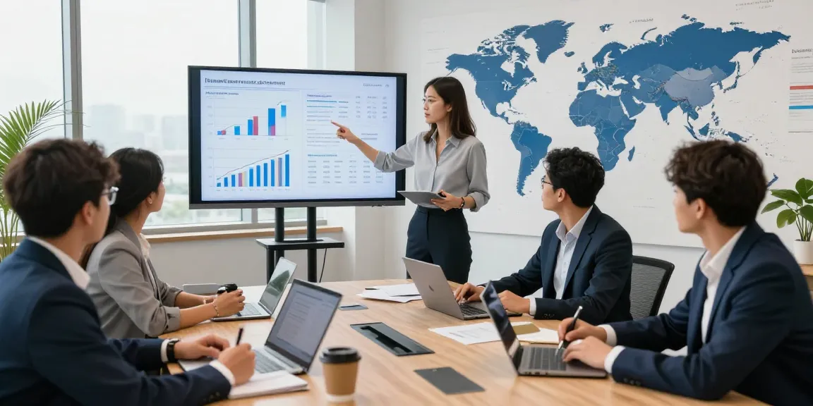 Collaborative team discussing global project financing trends in a modern conference room.