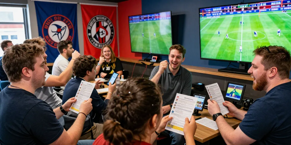 Excited fans engaging in ufabet sports betting at a lively lounge during live football matches.