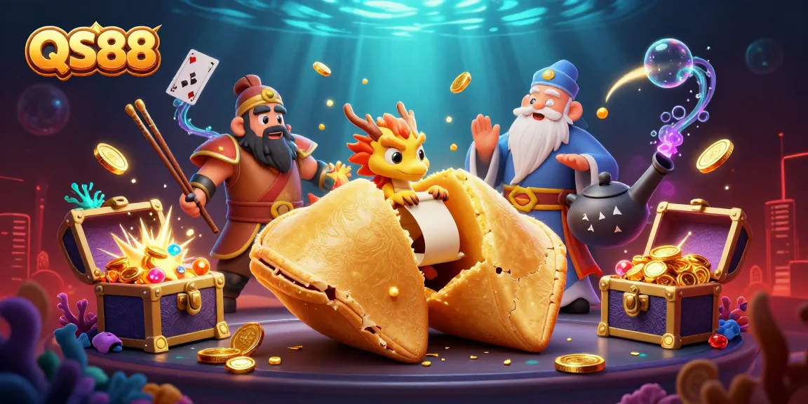 Experience the thrill at QS88 with a dynamic 3D illustration showcasing vibrant casino elements and characters.