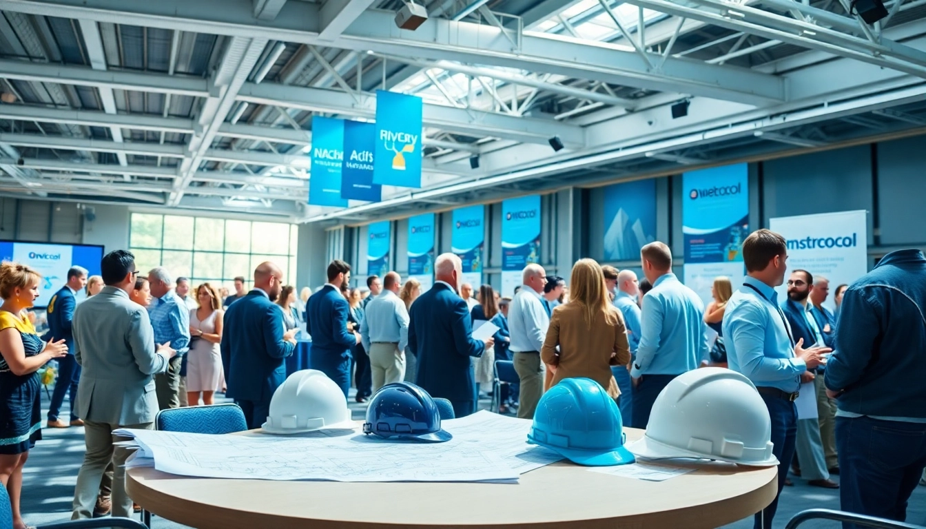Engage in dynamic construction networking events at an industry conference, showcasing attendees and collaboration.