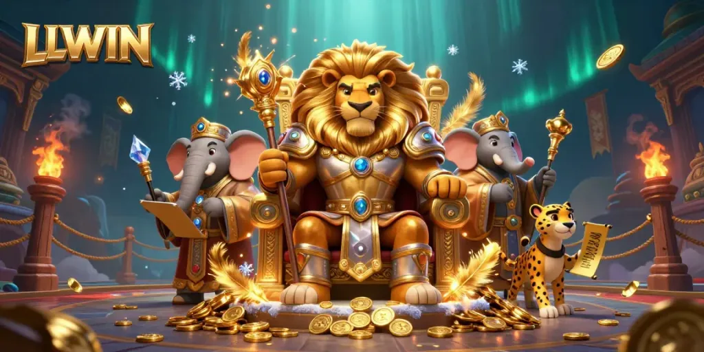 LLWIN features a fierce lion king on a throne of gold coins, surrounded by dynamic casino elements.