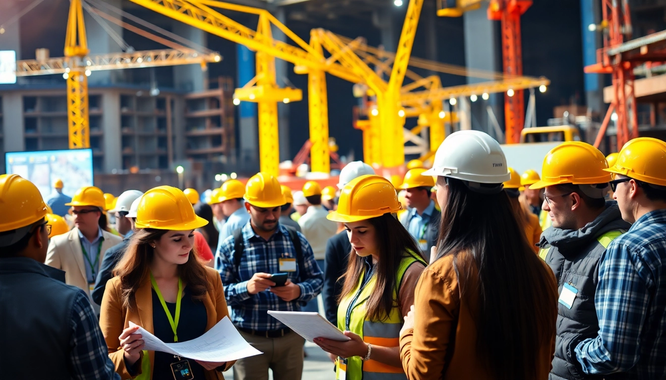 Attendees at construction events networking and discussing projects at a busy urban construction site.