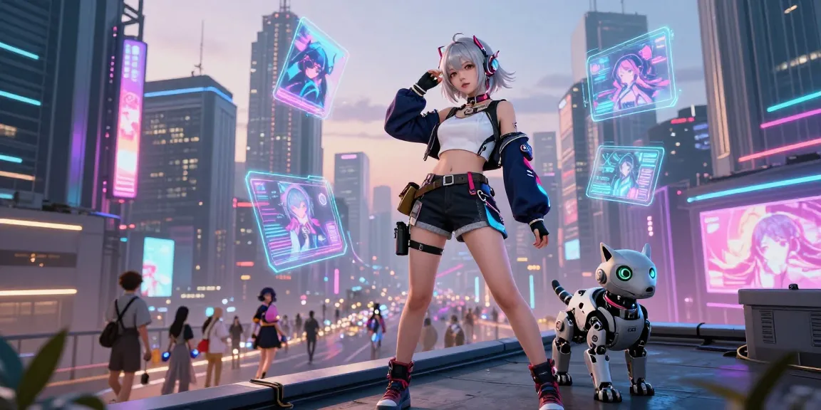 AI ecchi character in cyberpunk cityscape, showcasing vibrant digital art and futuristic themes.