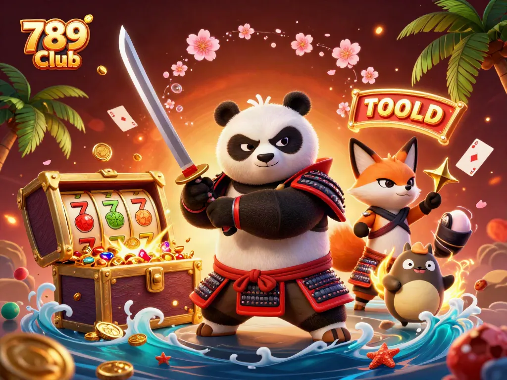 Engage in vibrant gameplay at 789 Club with samurai panda, ninja fox, and tanuki amidst action.