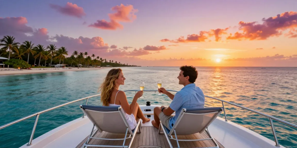 Punta Cana yacht rental with a couple enjoying stunning sunset views and luxury ambiance on a private yacht.